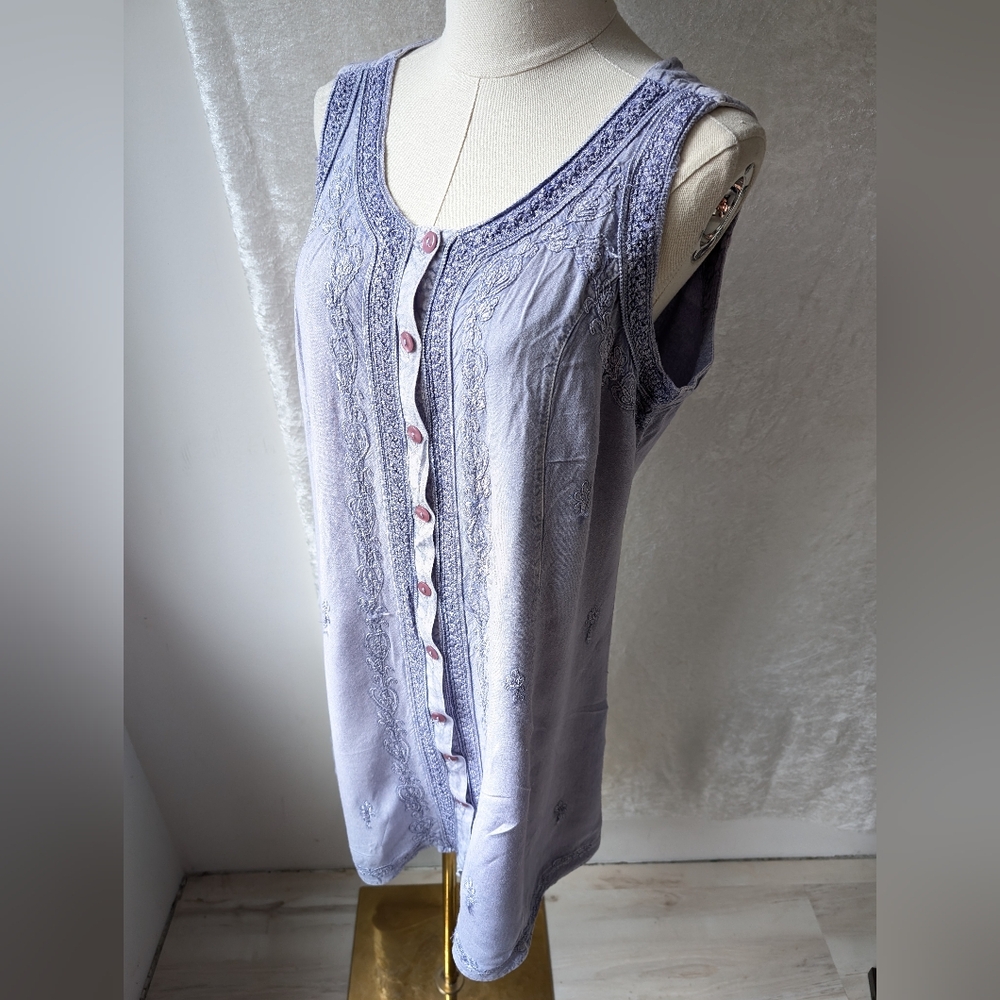 VTG Rayon Dusky Purple Rayon Embroidered Dress Back Tie Tunic Top